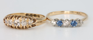 An 18ct yellow gold 5 stone diamond ring size O 1/2, a ditto sapphire and diamond ring size O