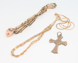 A 9ct yellow gold gate bracelet, a ditto cross pendant, necklace and 2 bar brooches 10 grams