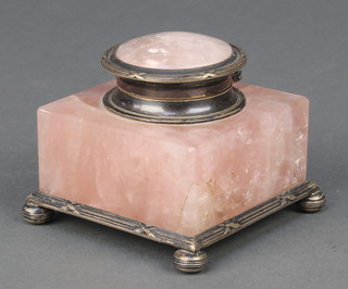 An Edwardian silver mounted rose quartz inkwell of square form, London 1909, 3" 