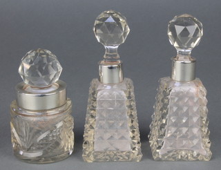 A glass scent bottle with silver collar 3", a pair of silver mounted scent bottles rubbed date letters 