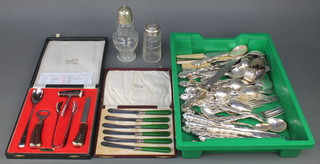 Two silver plated mounted shakers, 2 silver serviette rings and minor cutlery 