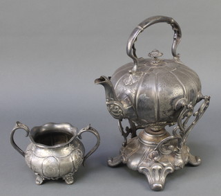 A Victorian silver plated tea kettle on stand with burner and a sugar bowl 