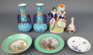 A 19th Century Crown Derby baluster vase decorated in the Imari pattern 4 1/2", an 18th Century Worcester blue and white saucer with floral decoration, a Prattware bowl and plate, a Staffordshire group of figures and a pair of Secessionist style turquoise ground vases 9"  