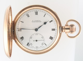A gentleman's 9ct yellow gold cased hunter pocket watch, the dial inscribed H Samuel Manchester with seconds at 6 o'clock 