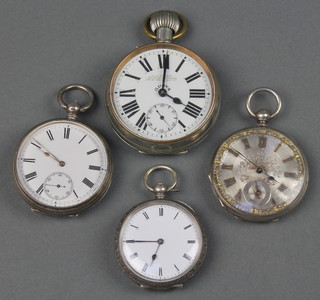 A lady's silver cased fob watch with champagne dial, 2 others and a plated pocket watch 