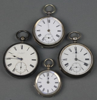 A lady's keywind silver fob watch and 3 other silver pocket watches