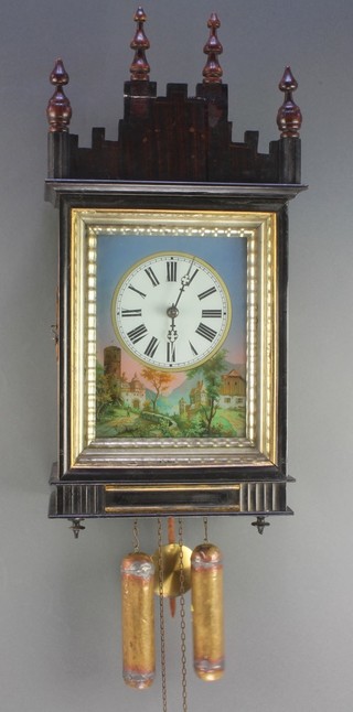 A 19th Century Continental striking wall clock the 7" rectangular dial painted a lake and castle, strikes on a gong, contained in a painted pine case (showing signs of old but treated worm) 