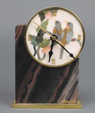 A Mosalite Art Deco style battery operated mantel clock contained in a specimen marble case decorated 2 birds 