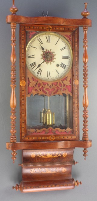 A 19th Century American striking wall clock with 8 1/2" painted dial and Roman numerals contained in an inlaid mahogany case 