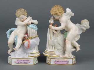 A pair of 19th Century Meissen figures of angels, 1 sitting beside a half column the other watering flowers on a half column, the bases inscribed E E Blesse Et Soulage, Las de Vaincre Je Me Repose printed and impressed marks 5"  