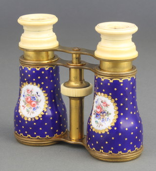 A pair of 19th Century gilt metal ivory and enamelled opera glasses with blue gilt and floral enamelled complete with leather case 