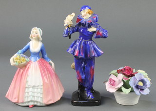 Two Royal Doulton figures - Janet HN1916 5 1/2" and The Mask HN753 6 1/2" and an Aynsley floral display 
