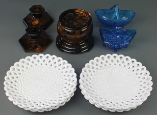 Six Victorian white glass lattice plates and minor coloured glassware