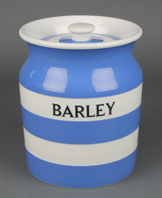 A Green & Co blue and white Barley jar and cover with black mark 8" 