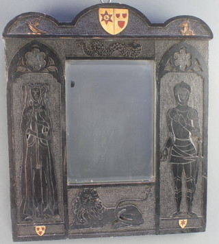 A Victorian rectangular plate mirror contained in a 16th Century style carved oak frame, with armorial decoration, depicting a Knight and lady 21" x 18"  