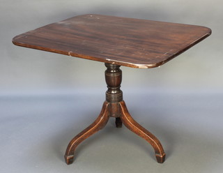 A 19th Century rectangular mahogany snap top breakfast table with line inlay, raised on pillar and tripod supports 27 1/2"h x 36"w x 28"