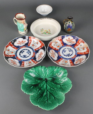 A Gouda pottery ewer 4", a green leaf dish, 2 Imari plates, a baby's plate, Toby jug and Green & Co bowl 