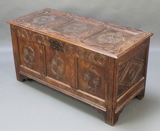 A 17th/18th Century carved oak coffer of panelled construction 23"h x 46"w x 21"d 