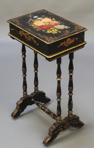 A Victorian lacquered and painted rectangular work box with hinged lid, raised on turned supports with H framed stretcher 27"h x 15"w x 11" 