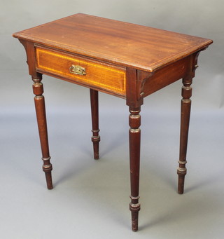 An Edwardian Art Nouveau inlaid mahogany side table with ebonised stringing, fitted a frieze drawer and raised on turned supports 29"h x 28 1/2" x 16 1/2" 