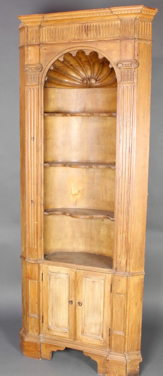 A 19th Century carved pine corner cabinet with moulded and dentil cornice and arcaded decoration, the niche with shell flanked by a pair of fluted columns with Ionic capitals, fitted 3 shelves above a panelled door, raised on bracket feet 50"h x 33"w x 17"d 
