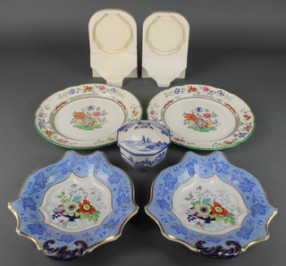 A pair of Victorian ironstone shaped dishes with floral sprays, 2 spode plates, a Royal Doulton sugar bowl and cover and a spill vase 