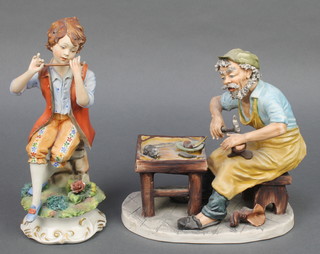 A Capodimonte group of a cobbler signed Antonio with certificate 8 1/2", a ditto of a boy playing a flute signed Zanella 9 1/2" with certificate two ditto bird groups and a concertina player all with certificates