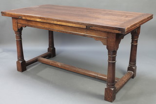 A 17th/18th Century style oak dining suite comprising rectangular draw leaf table of plank constructions, raised on turned and block supports with H framed stretcher 31"h x 63" when closed x 92" when open together with a set of 6 ladder back dining chairs, having upholstered drop in seats and raised on turned club supports with box framed stretcher - 2 carvers, 4 standard