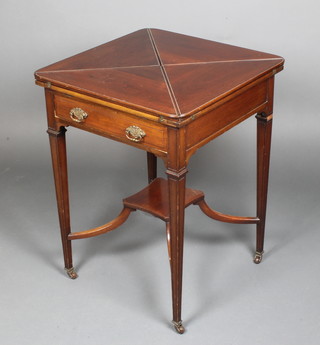 An Edwardian mahogany envelope card table fitted a drawer, raised on square tapering supports with X framed stretcher 29"h x 22"w x 22"d 