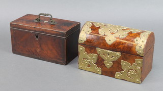 A Victorian figured walnut and brass mounted trinket box with hinged lid 6 1/2"h x 9 1/2"w x 5 1/2"d  together with a 19th Century rectangular inlaid mahogany twin compartment tea caddy with hinged lid inlaid a mother of pearl heart 5" x 9 1/2" x 5" 