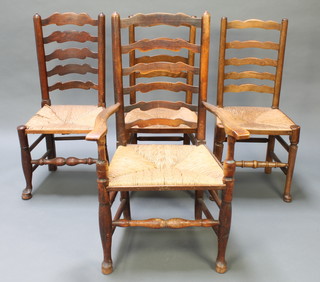 An 18th Century elm ladder back carver chair with woven rush seat together with an 18th Century elm ladder back chair and 2 reproduction 18th Century elm ladder back chairs 