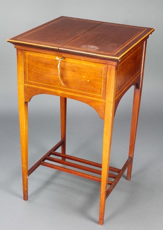 J Bagshaw & Sons of Liverpool, a square inlaid mahogany sewing table/box with hinged lid raised on square tapering supports and having a railed undertier 28" x 16 1/2" x 17 1/2" 