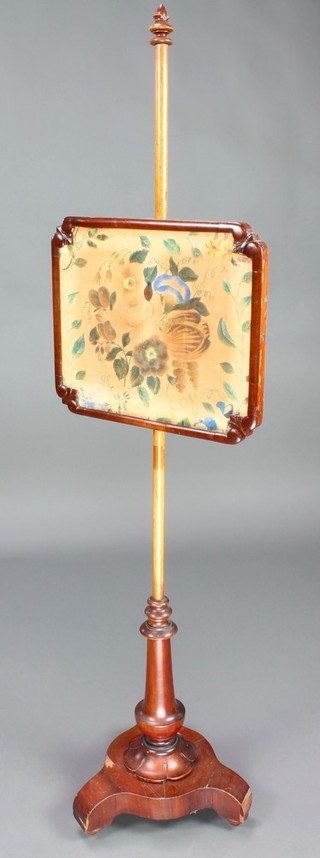 A Victorian pole screen with rectangular banner, raised on a turned column with tripod base 58"h x 15 1/2"w x 11"d 