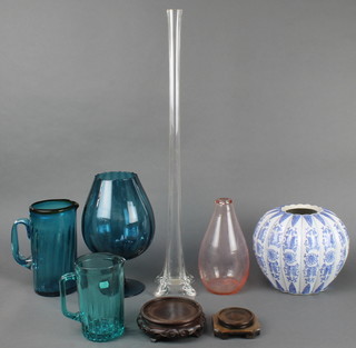 A Studio Glass clear glass vase 28", 2 other vases, 2 jugs, a Chinese blue and white jar