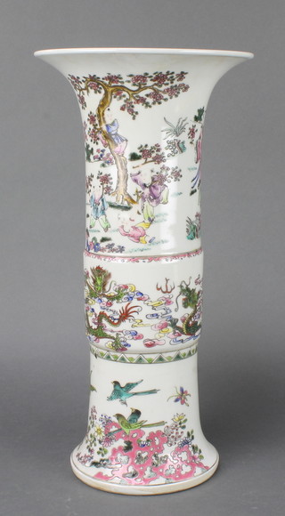 A Chinese 18th century style Ghu shaped vase with figures in gardens 16 1/2" 