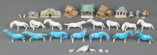 7 early 20th Century Chinese turquoise glazed figures of horses 2 1/2",  7 similar blanc de chine figures of horses 2" and 6 glazed figures of temples and bridges and minor figures
