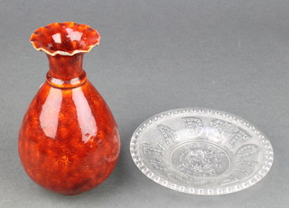 A 19th Century pressed glass dish Gladstone for the Million 5 1/4" and a Studio Pottery baluster vase with waisted neck and incised decoration 5 3/4" 
