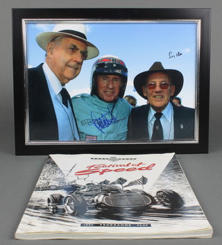 A Goodwood 1996 Festival of Speed programme signed by Jack Brabham, Ron Dennis, John Watson and others together with a coloured photograph of Jack Brabham, Stirling Moss and Jackie Stewart signed by Stirling Moss and Jackie Stewart 8" x 11" 