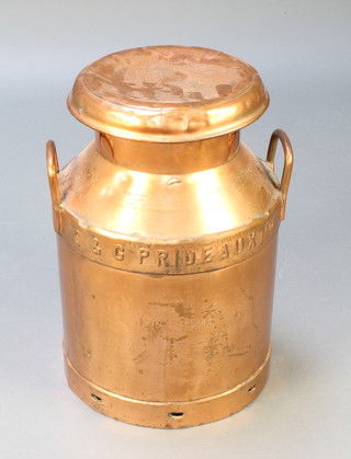 A coppered milk churn marked Evercreech C & G Prideaux Ltd C3826 18" x 13 1/2" diam. 