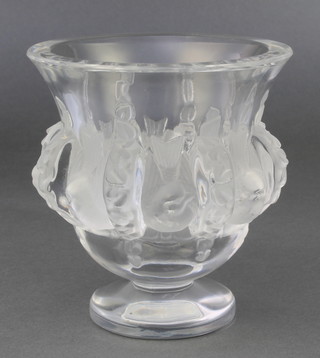 A modern Lalique Dampierre clear and opalescent glass baluster vase decorated with birds, etched marks 5" 
