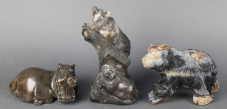 A carved and polished hardstone figure of a seated hippopotamus 7" and 2 carved hardstone figures of bears 6" and 9 1/2" 