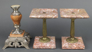 A pair of French Art Deco granite and gilt metal square shaped clock garniture side pieces 7" x 5" together with a marble and pierced white metal  lamp base 8"  