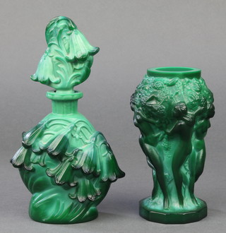 A malachite glass scent bottle and stopper decorated flowers 6 3/4", a ditto vase decorated with naked ladies 5" 