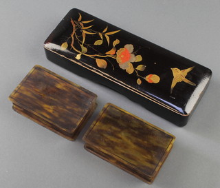 A rectangular lacquered card box the lid decorated flowers and birds 1 1/2"h x 9"w x 3 1/2" and 2 simulated tortoiseshell boxes with hinged lids  