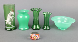 A Continental green glass vase decorated with a goat standing on its back legs 6", a green glass bowl 6", do. vase 5", 2 others and a paperweight 