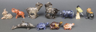 2 carved hardstone figures of goats 5" and 4 1/2", 3 carved hardstone figures of tortoises 3" and 4" together with 6 carved hardstone figures
