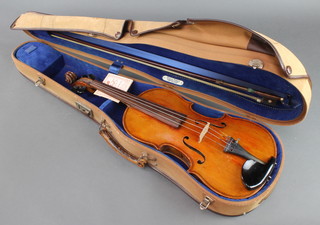 A 2 piece violin bears label Pierre Lambert a Paris 1937 fabrique en France 14", contained in an Edward Withers case complete with bow 