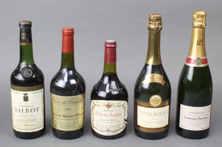 A 1976 bottle of Chateau Talbot St Julien, a 1990 Cellier des Dauphins Cotes du Rhone, a bottle of 1998 RÃ©serve des Chapelains Cotes du Rhone Village and a bottle of Laurent-Perrier champagne cuvee Royale 