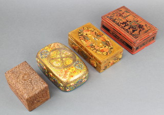A rectangular carved Burmese hardwood card box fitted 3 sections 3"h x 5"w x 3"d, a Chinese Eastern red and black lacquered box 2" x 7" x 4 1/2" and 2 rectangular enamelled boxes 