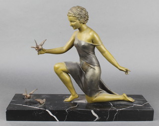 An Art Deco spelter and marble figure group of a kneeling girl with birds, the rectangular marble base marked U.Cipriani 15"h x 20"w x 6"d  